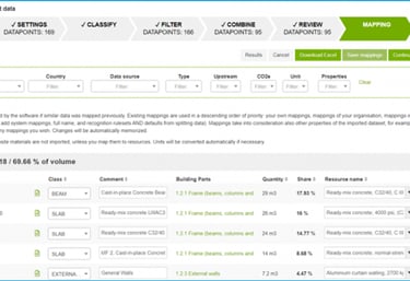 One Click LCA mapping dashboard showing materials, data filters, and mapped construction elements.