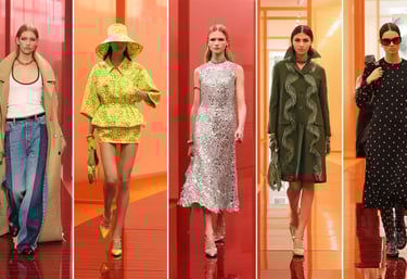 Models on a vibrant S/S 2025 runway wearing bold, high-fashion pieces.