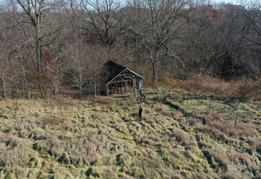 An aerial drone photo of an abandoned and decaying wood structure