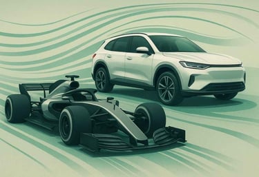 carro de Fórmula 1 e um SUV esportivo moderno, destacando as semelhanças no design aerodinâmico