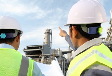 two men in safety vests standing in front of a factory