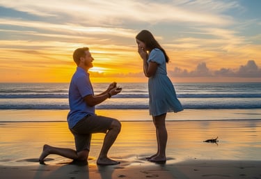 A man kneeling and proposing marriage to a woman.