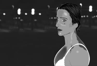 a woman in a white bra top and a black and white photo