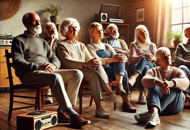 Gruppe älterer Menschen hört entspannt Musik