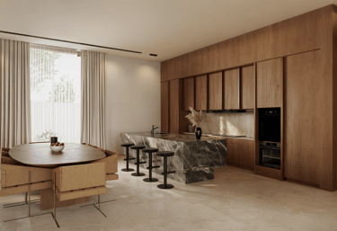 A kitchen with wooden cabinetry, a marble-topped island with black stools, and a wooden dining table