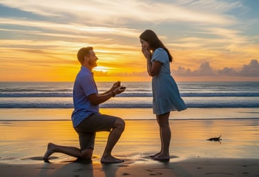 A man kneeling and proposing marriage to a woman.