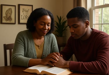 un homme et une femme assis à une table avec un livre