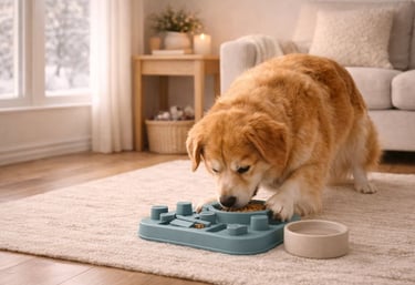 Dog enjoying indoor enrichment activity during winter