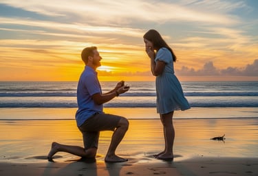Ένας άντρας γονατίζει και κάνει πρόταση γάμου σε μια γυναίκα.