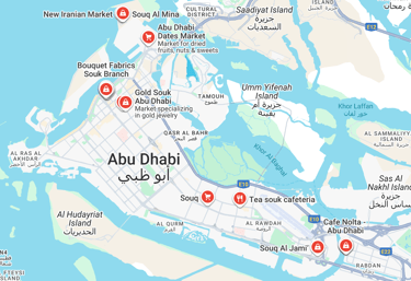 Kaart van Abu Dhabi met locaties van souks | souqs