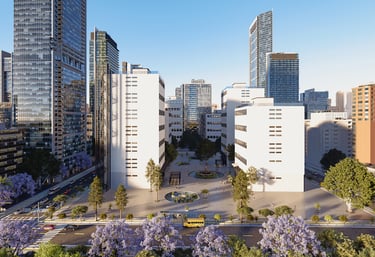 3D render of a generic city with tall skyscrapers and traffic