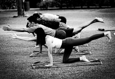 a group of people doing yoga exercises in a park. Langkawi, Malaysia