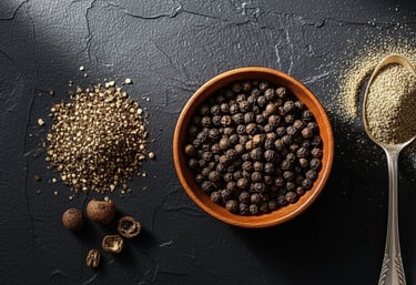 a bowl of black peppercorn and a spoon with a spoon