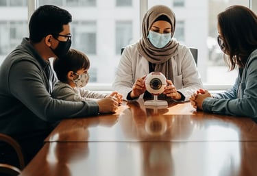 Optometrist counselling about eye health, eye diseases and management.