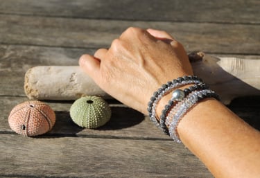 a person's hand holding a bracelet with a sea urn