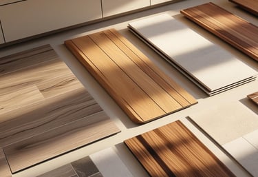 Kitchen flooring samples including wood, tile, and stone laid out on a showroom counter.