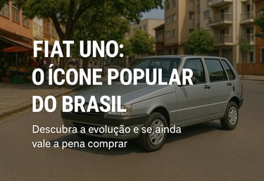 Fiat Uno prata estacionado em rua urbana com chamada sobre sua popularidade no Brasil