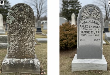 Before and after picture of cleaned headstones