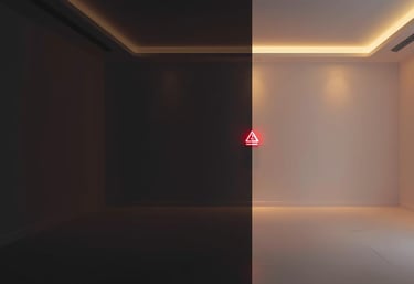 Dubai modern living room half dark and half lit, with glowing red emergency sign in the center, symb