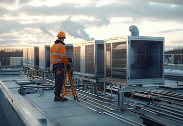 Generic Industrial HVAC photo with an engineer on top of a building doing checks on the HVAC system