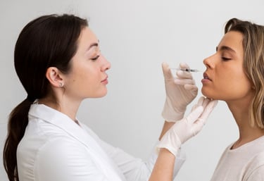a woman in white gloves is getting her nose job done
