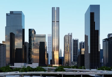 a city skyline with skyscrapers and a bridge