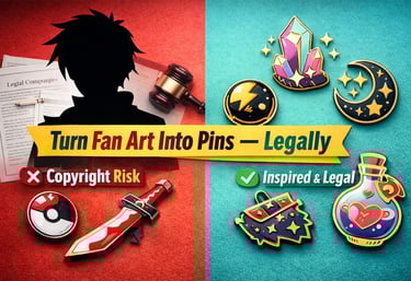 Comparison of fan art and legal inspired-by enamel pin designs