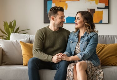 "Una pareja feliz y sonriente sentada en un sofá, mirándose con cariño y tomados de la mano