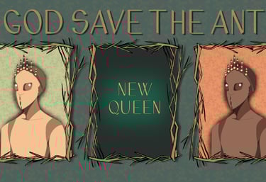 Cover image God save the Ant, green background with three framed illustrations of new ant queens