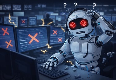A confused or “overloaded” robot at a desk, screens open, signals crossed.