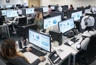 Modern call center with human agents and AI systems working side by side