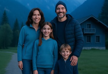 Famille souriante devant un chalet de montagne