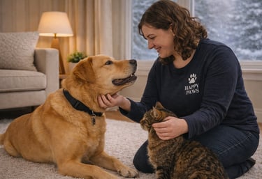 Pet sitter providing calm indoor care for a dog and cat.
