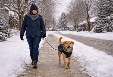 Dog walking on a cleared winter sidewalk in Oakville.