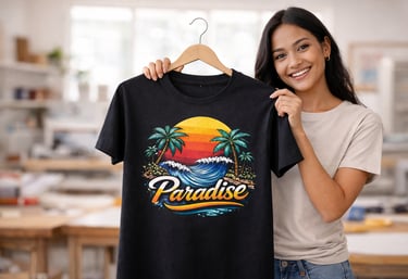a woman holding a shirt that says paradise beach