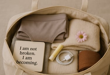 A neatly packed hospital bag with soft clothing, lip balm, a charger and a tiny flower