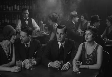 Black-and-white photo of a 1920s Speakeasy—elegantly dressed men and women in a smoky, secretive bar