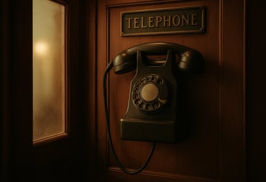 A vintage phone booth in soft lighting, with an old rotary phone and a hint of mystery around it.