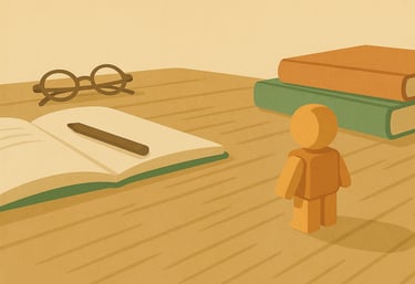 Juguete infantil de madera sobre una mesa de trabajo con objetos de adulto, simbolizando que los adu