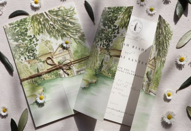 watercolor invitation of the location with flowers and olive leaves
