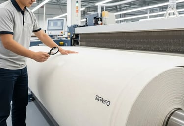 Seorang teknisi SIGNIFO mengawasi kualitas kain pada mesin air jet loom super modern.