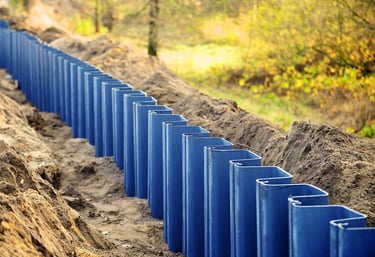 Vinyl sheet piles installed along a waterway for erosion control.
