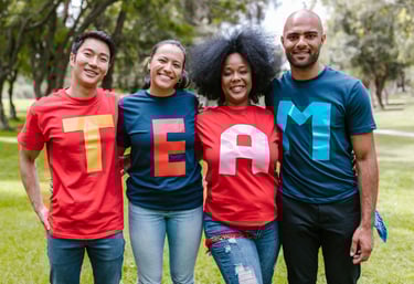 Family with TEAM printed T-shirts