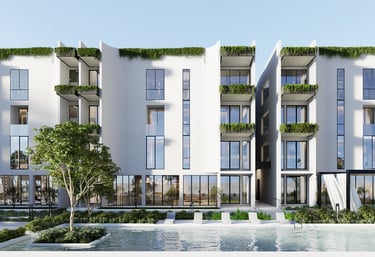 a building with a pool and a greenery