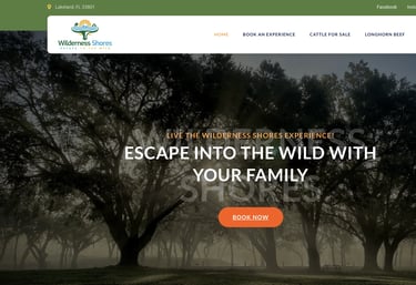 wilderness shores website banner with the tagline 'escape into the wild with your family'