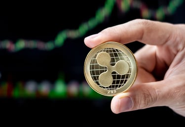 ripple xrp token in someones hands with charts in background