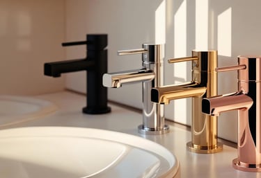 Display of luxury bathroom faucets in multiple finishes including black and brass.