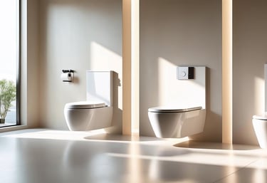 Display of modern toilet styles and bidets in a showroom setting.