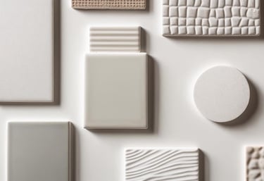 Close-up of ceramic tile samples with glossy, matte, and patterned finishes.