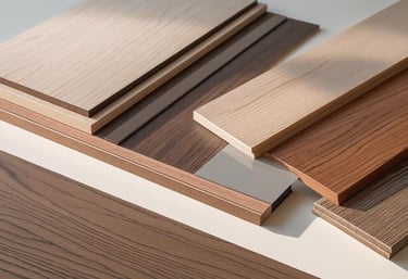 Close-up of engineered wood flooring samples with various finishes.